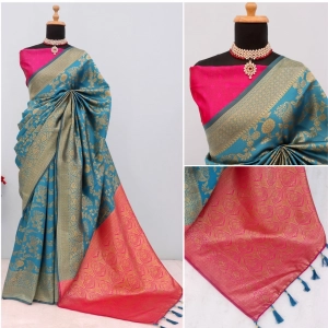 Generic Women's Banarasi Printed Saree With Unstitched Blouse 5.5Mtr (Aqua Blue)