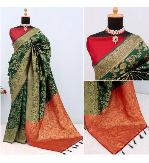 Women's Banarasi Printed Saree With Unstitched Blouse 5.5Mtr (Green)