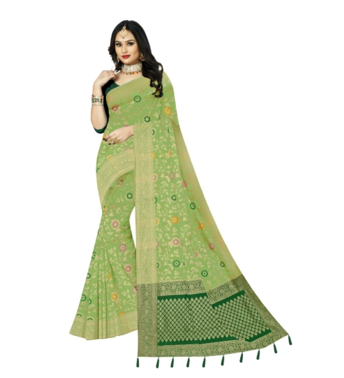 Women's Banarasi Printed Saree With Unstitched Blouse 5.5Mtr (Light Green)