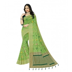 Women's Banarasi Printed Saree With Unstitched Blouse 5.5Mtr (Green)