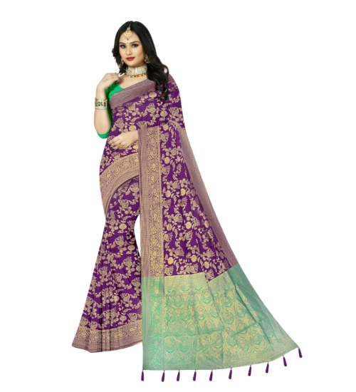 Women's Banarasi Printed Saree With Unstitched Blouse 5.5Mtr (Purple)