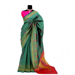 Women's Banarasi Printed Saree With Unstitched Blouse 5.5Mtr (Rama)