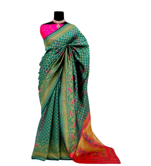 Women's Banarasi Printed Saree With Unstitched Blouse 5.5Mtr (Rama)