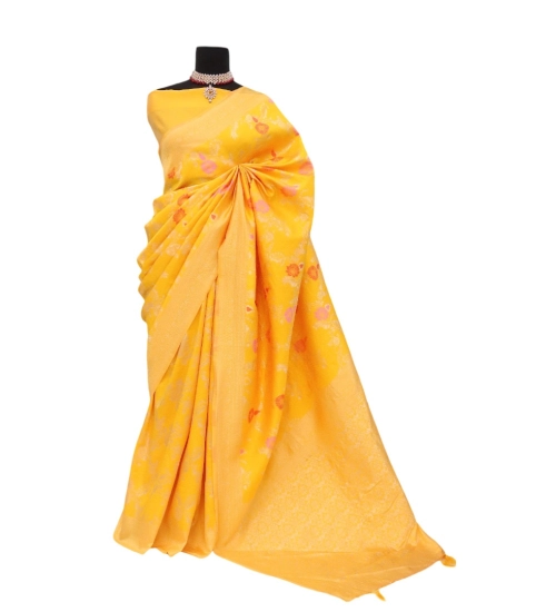 Women's Banarasi Printed Saree With Unstitched Blouse 5.5Mtr (Yellow)