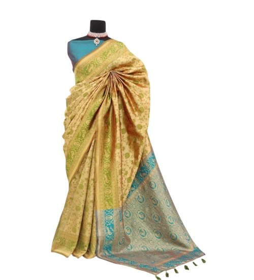 Women's Banarasi Printed Saree With Unstitched Blouse 5.5Mtr (Golden)