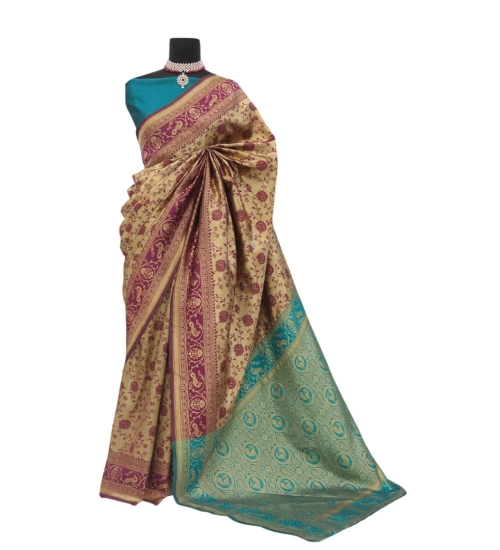Women's Banarasi Printed Saree With Unstitched Blouse 5.5Mtr (Purple)