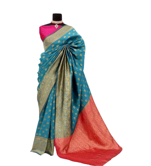 Women's Banarasi Printed Saree With Unstitched Blouse 5.5Mtr (Aqua Blue)