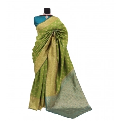 Women's Banarasi Printed Saree With Unstitched Blouse 5.5Mtr (Mehendi Green)