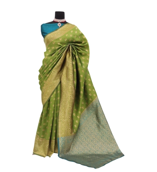 Women's Banarasi Printed Saree With Unstitched Blouse 5.5Mtr (Mehendi Green)