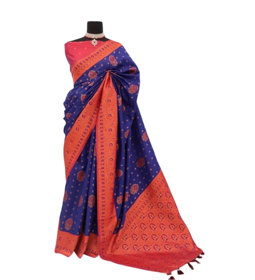 Women's Banarasi Printed Saree With Unstitched Blouse 5.5Mtr (Navy Blue)