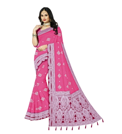 Women's Cotton Printed Saree With Unstitched Blouse 5.5Mtr (Pink)