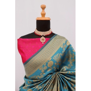 Generic Women's Banarasi Printed Saree With Unstitched Blouse 5.5Mtr (Aqua Blue)