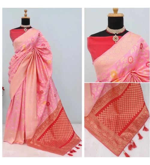 Women's Banarasi Printed Saree With Unstitched Blouse 5.5Mtr (Pink)