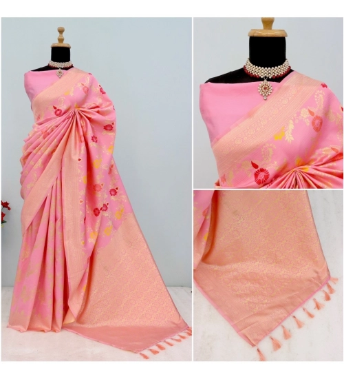 Women's Banarasi Printed Saree With Unstitched Blouse 5.5Mtr (Pink)