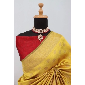 Generic Women's Banarasi Printed Saree With Unstitched Blouse 5.5Mtr (Yellow)