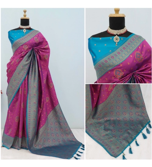 Women's Banarasi Printed Saree With Unstitched Blouse 5.5Mtr (Purple)