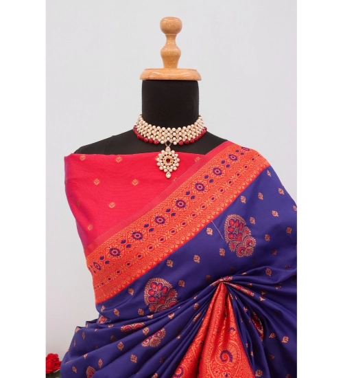 Women's Banarasi Printed Saree With Unstitched Blouse 5.5Mtr (Navy Blue)