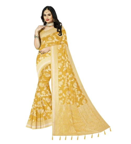 Women's Cotton Printed Saree With Unstitched Blouse 5.5Mtr (Yellow)