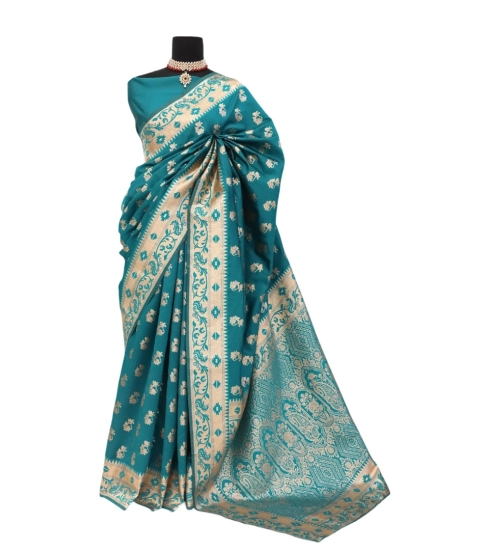 Women's Satin Printed Saree With Unstitched Blouse 5.5Mtr (Rama)