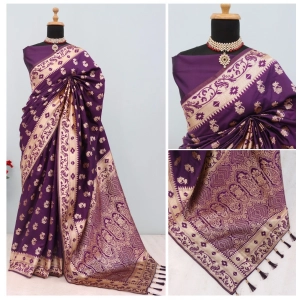 Generic Women's Satin Printed Saree With Unstitched Blouse 5.5Mtr (Purple)