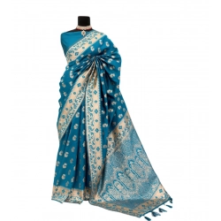 Women's Satin Printed Saree With Unstitched Blouse 5.5Mtr (Aqua Blue)