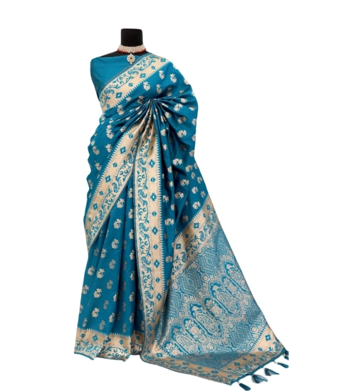 Women's Satin Printed Saree With Unstitched Blouse 5.5Mtr (Aqua Blue)