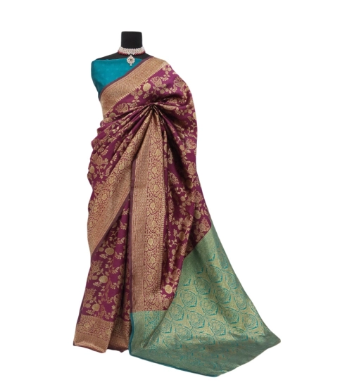 Women's Banarasi Printed Saree With Unstitched Blouse 5.5Mtr (Purple)