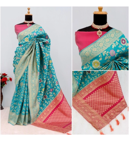 Women's Banarasi Printed Saree With Unstitched Blouse 5.5Mtr (Rama)