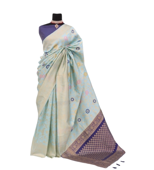 Women's Banarasi Printed Saree With Unstitched Blouse 5.5Mtr (Firozi)