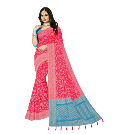 Women's Banarasi Printed Saree With Unstitched Blouse 5.5Mtr (Rani)