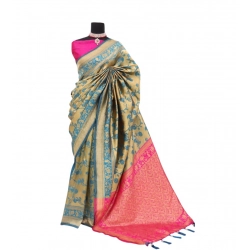 Women's Banarasi Printed Saree With Unstitched Blouse 5.5Mtr (Golden)