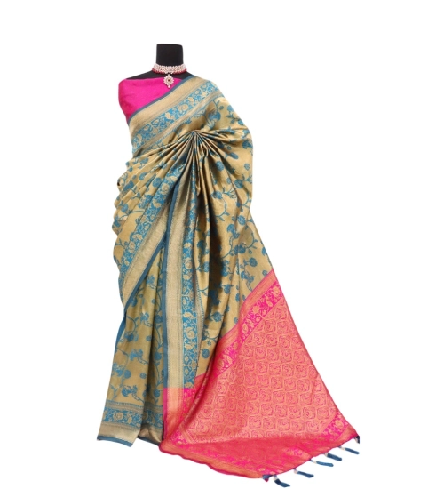Women's Banarasi Printed Saree With Unstitched Blouse 5.5Mtr (Golden)