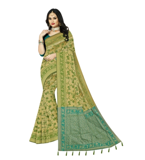 Women's Banarasi Printed Saree With Unstitched Blouse 5.5Mtr (Green)