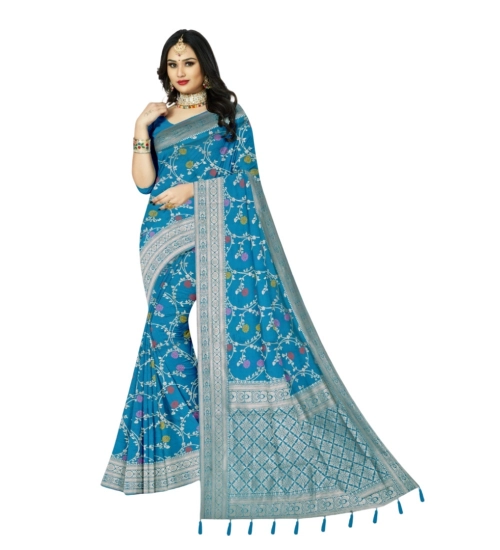Women's Banarasi Printed Saree With Unstitched Blouse 5.5Mtr (Aqua Blue)