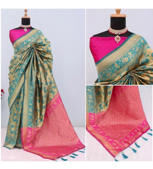 Women's Banarasi Printed Saree With Unstitched Blouse 5.5Mtr (Golden)