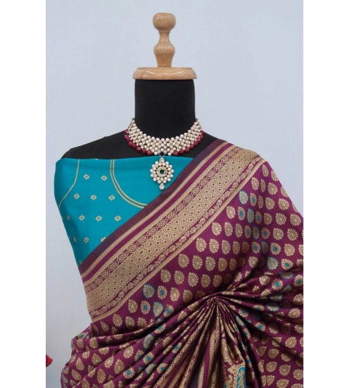Women's Banarasi Printed Saree With Unstitched Blouse 5.5Mtr (Purple)