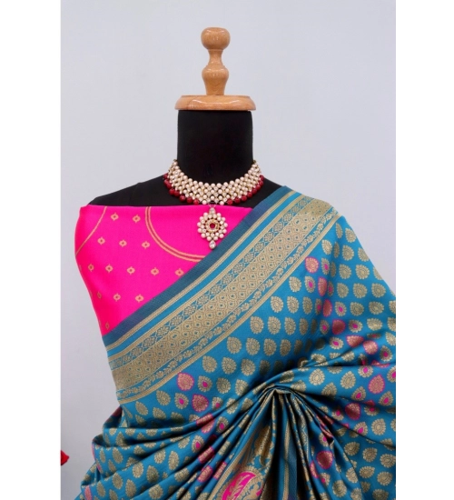 Women's Banarasi Printed Saree With Unstitched Blouse 5.5Mtr (Aqua Blue)