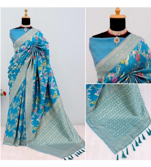 Women's Banarasi Printed Saree With Unstitched Blouse 5.5Mtr (Aqua Blue)
