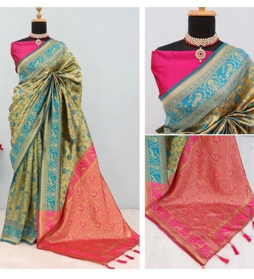 Women's Banarasi Printed Saree With Unstitched Blouse 5.5Mtr (Golden)