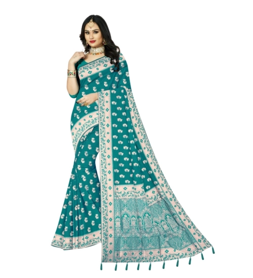Women's Satin Printed Saree With Unstitched Blouse 5.5Mtr (Rama)