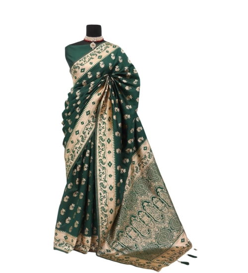 Women's Satin Printed Saree With Unstitched Blouse 5.5Mtr (Green)