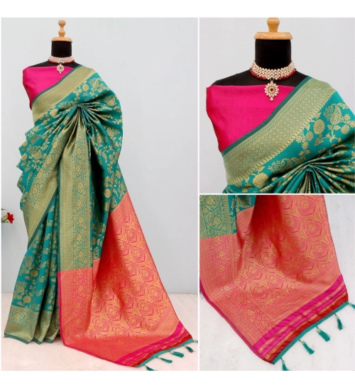 Women's Banarasi Printed Saree With Unstitched Blouse 5.5Mtr (Rama)