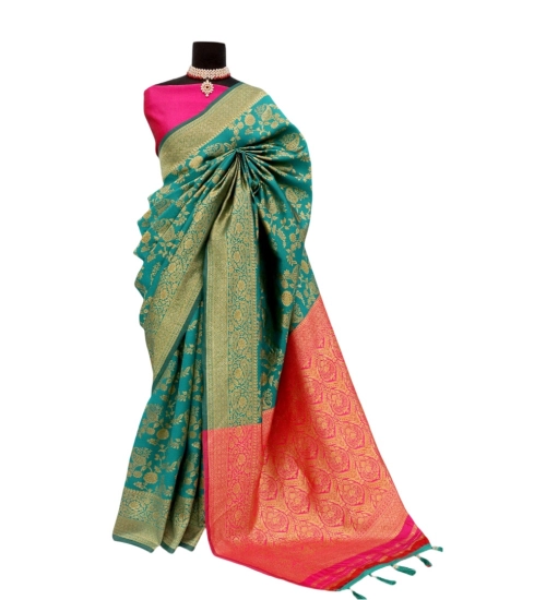 Women's Banarasi Printed Saree With Unstitched Blouse 5.5Mtr (Rama)