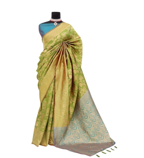 Women's Banarasi Printed Saree With Unstitched Blouse 5.5Mtr (Mehendi Green)