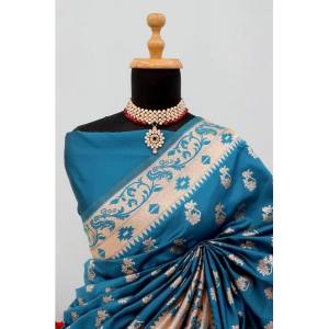Generic Women's Satin Printed Saree With Unstitched Blouse 5.5Mtr (Aqua Blue)