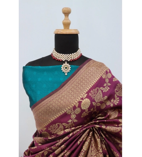 Women's Banarasi Printed Saree With Unstitched Blouse 5.5Mtr (Purple)