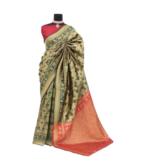 Women's Banarasi Printed Saree With Unstitched Blouse 5.5Mtr (Golden)