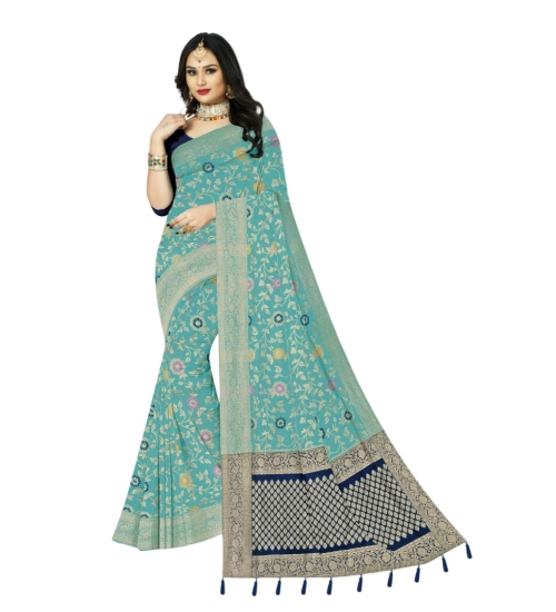 Women's Banarasi Printed Saree With Unstitched Blouse 5.5Mtr (Firozi)
