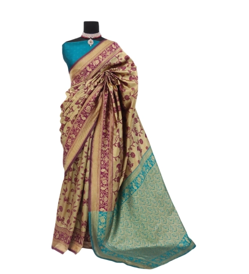 Women's Banarasi Printed Saree With Unstitched Blouse 5.5Mtr (Golden)