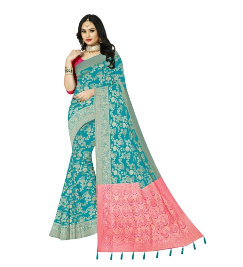 Women's Banarasi Printed Saree With Unstitched Blouse 5.5Mtr (Rama)